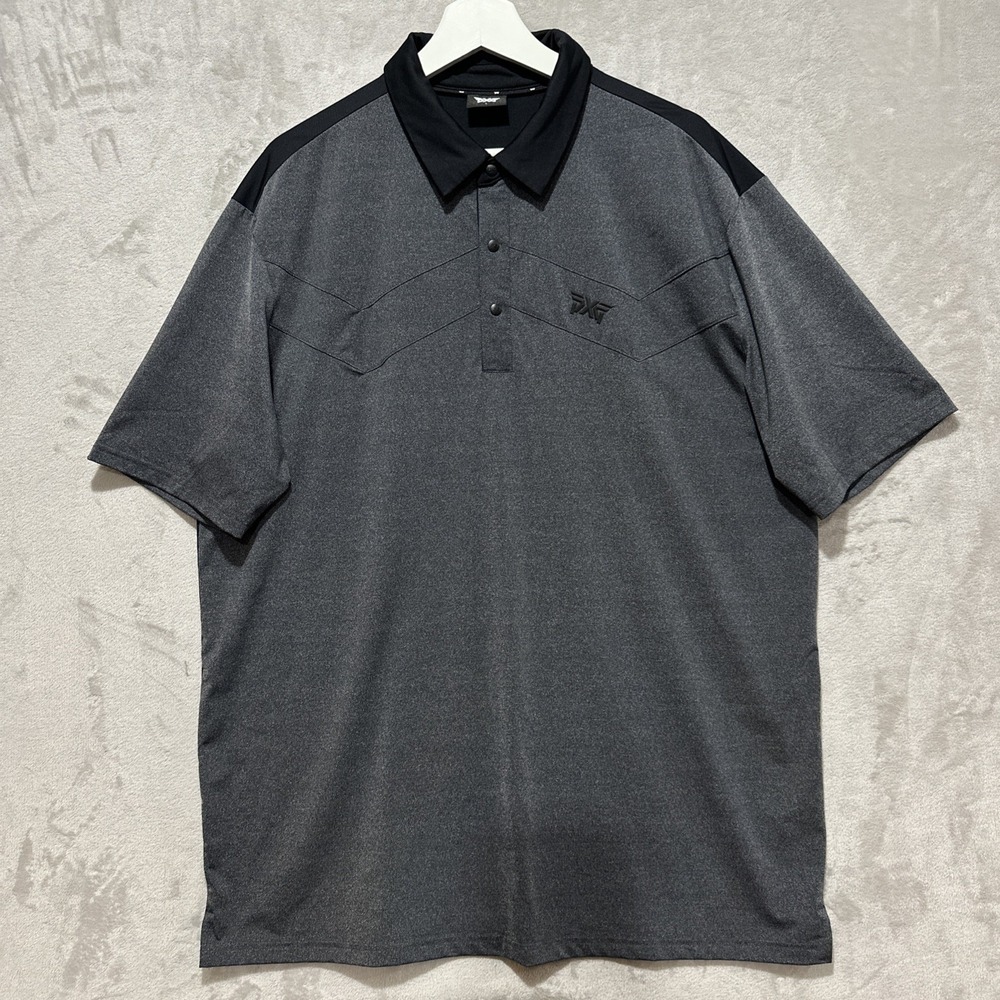PXG Polo Shirt Size L Gray Distinct Black Shoulder Panels Chevron Chest